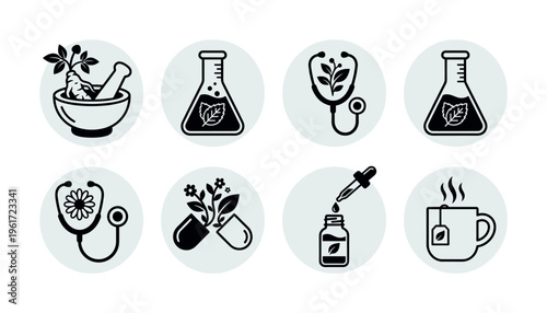 A set of herbal medicine and natural remedy icons for health and wellness concepts. Great for naturopathy, alternative healthcare, homeopathy, and organic products.