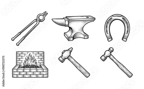 Set of blacksmith tools in a vintage engraving style. Includes anvil, hammer, horseshoe, forge, and tongs. Perfect for craft, workshop, or retro branding projects.