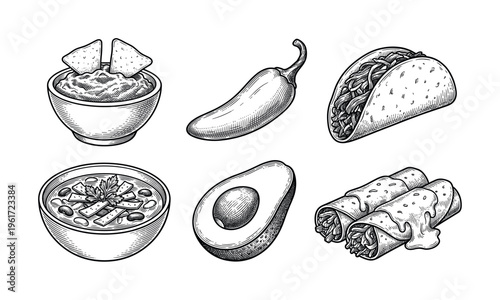 Set of traditional Mexican food illustrations in a vintage, hand-drawn sketch style. Includes taco, guacamole, soup, and avocado. Perfect for restaurant menus or food packaging.
