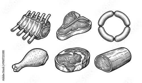 A set of meat products in a vintage engraving style. Includes steak, ribs, sausage, and chicken. Perfect for butcher shop menus, food packaging, or restaurant branding.