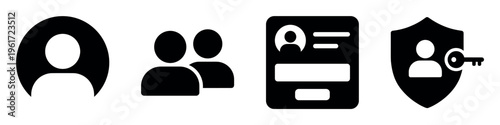 A set of black user account vector icons for security and login. Includes symbols for profile, group, and data protection, ideal for UI and UX design.