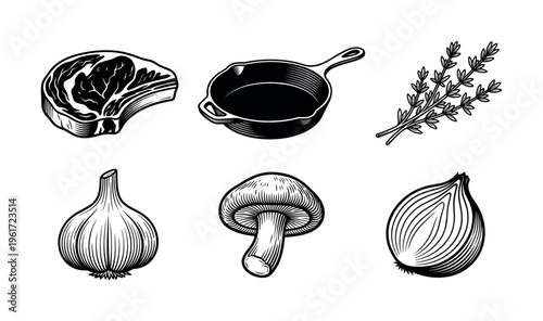 Set of vintage engraved illustrations of steak dinner ingredients. Includes ribeye, cast iron pan, herbs, garlic, mushroom, onion. Perfect for menus, logos, or food packaging.