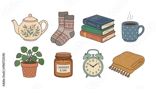 A charming vector set of cozy home essentials for a hygge lifestyle. Includes book, tea, candle, and blanket. Perfect for autumn and winter themes, relaxation, and self-care.