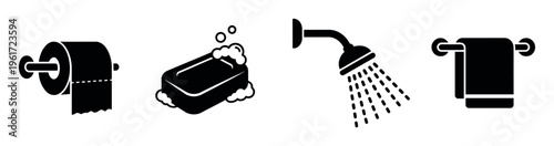 A set of simple black bathroom icons for personal hygiene. Includes toilet paper, soap, shower, and towel symbols. Minimalist vector illustration for web, apps, and signage.