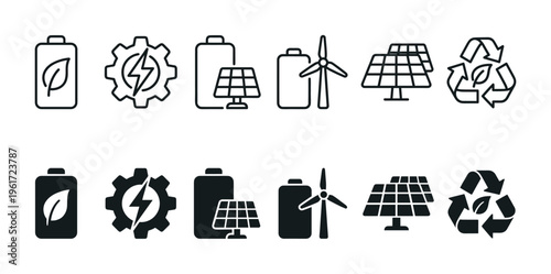 A set of line and solid icons for renewable energy sources like solar and wind power. Vector symbols for ecology, sustainability, and green technology concepts.