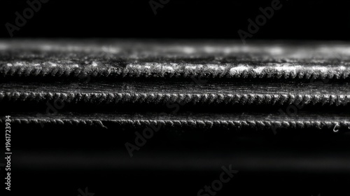 grooves. Close-up of a weathered metal surface with deep grooves highlighted by dramatic lighting. safety posters, maintenance manuals, designed for industrial assembly lines and welding operations.
