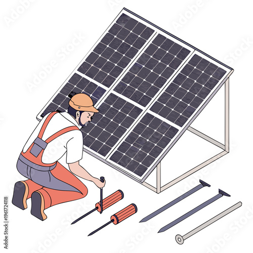 Worker installing solar panel with tools