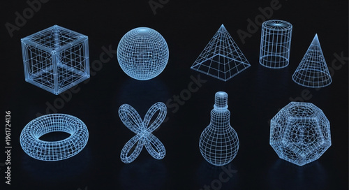 Geometric Shapes in Digital Wireframe Style on Black Background.