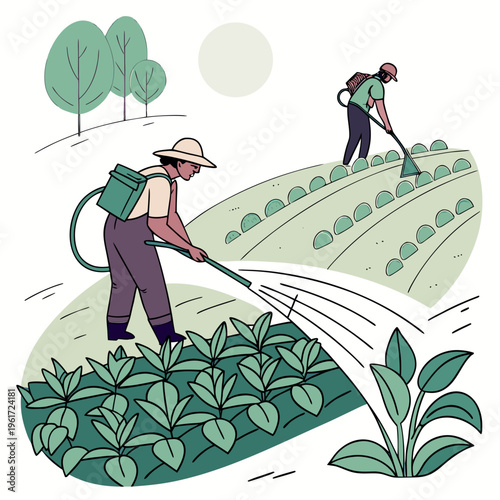 Farmers spraying pesticide on plants in a field