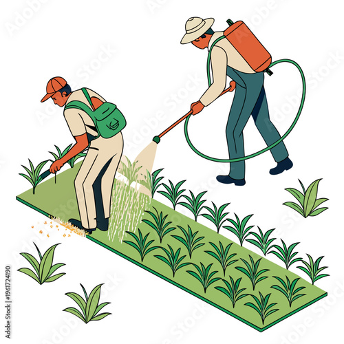 Two workers spraying and seeding plants in a field
