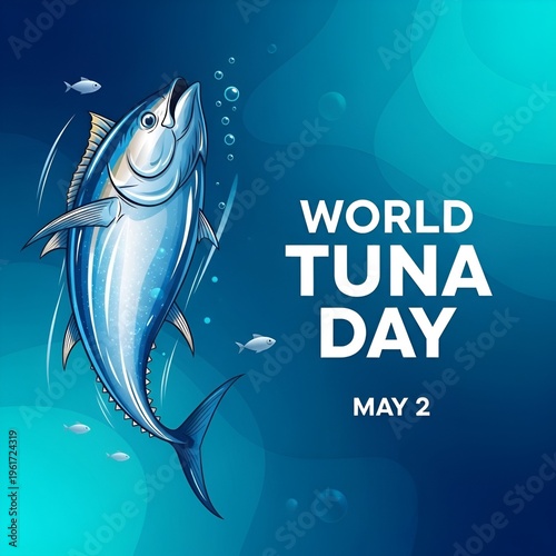 Dynamic digital illustration for world tuna day featuring a sleek leaping fish in deep blue water.