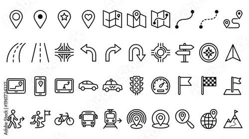 Set of 48 Black Outline Navigation and Location Icons Vector
