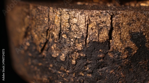 grooves. Close-up of a weathered metal surface with deep grooves highlighted by dramatic lighting. safety posters, maintenance manuals, designed for industrial assembly lines and welding operations.
