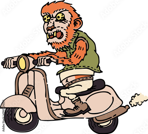 Furry creature with a wicked grin rides a scooter, showing its bare legs and cartoonish style