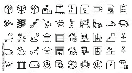 Set of 50 Outline Delivery and Logistics Icons Vector