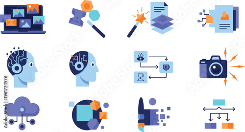 Digital Content Creation and Multimedia Technology Icon Set with AI Processing, Image Editing, Data Transfer, Cloud Storage, and Creative Tools Elements
