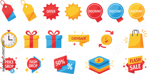 Ecommerce Shopping Sale Icon Set with Discount Tags, Flash Sale Banners, Gift Boxes, Cashback Rewards, and Price Drop Labels for Retail Marketing Designs