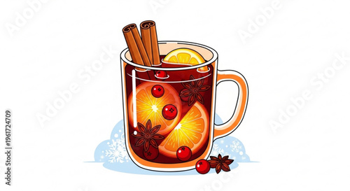 Warm mulled wine in a mug with cinnamon sticks and fruits on a snowy background