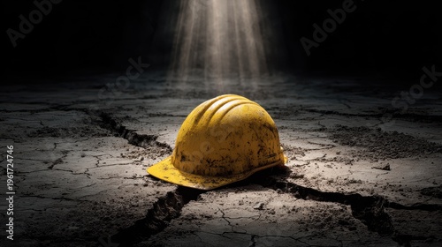 Old yellow construction hard hat on cracked ground with dramatic spotlight