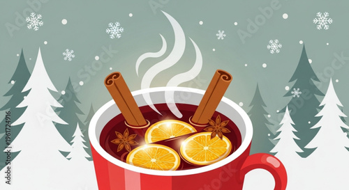 Warm mulled wine with cinnamon sticks and oranges in a red mug on a snowy winter background with pine trees