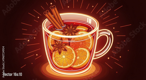 Warm mulled wine with cinnamon sticks and orange slices in a transparent mug on a dark background with neon light effect