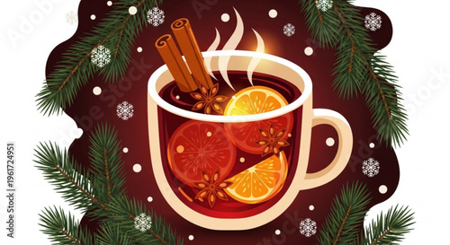 Warm mulled wine with cinnamon sticks and orange slices in a mug surrounded by snowflakes and pine branches on a dark background