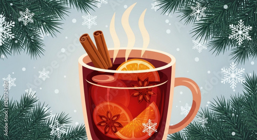 Warm mulled wine with cinnamon sticks and orange slices in a mug surrounded by snowflakes and pine branches festive winter drink