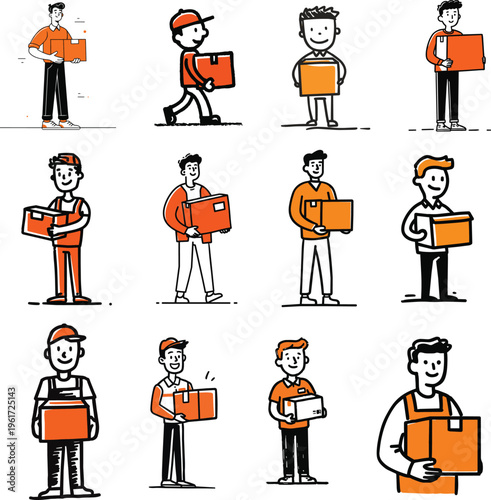 Twelve unique vector illustrations portraying diverse delivery professionals cheerfully holding orange packages, emphasizing efficient logistics and shipping graphic design.