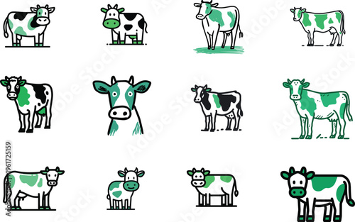 A charming collection of diverse cow vector illustrations, showcasing various bovine poses and artistic styles perfect for farming, dairy, and agricultural graphic design projects.