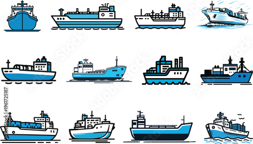 A collection of diverse cargo ships, tankers, and container vessels presented as a professional vector illustration set for maritime transport and shipping design projects.