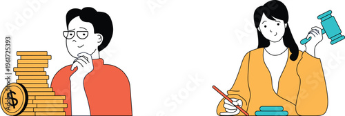 A thoughtful man near money stacks and a lawyer holding a gavel and pen at her desk