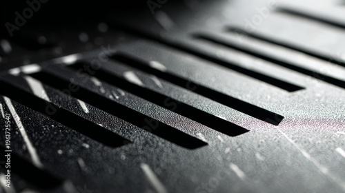 grooves. Close-up of a weathered metal surface with deep grooves highlighted by dramatic lighting. safety posters, maintenance manuals, designed for industrial assembly lines and welding operations.
