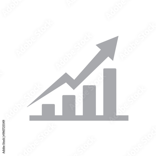 Gray pictogram of a four-bar chart demonstrates clear statistical progression indicated by a sharply angled up arrow element.