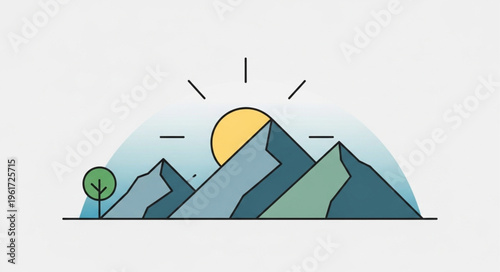 Minimalist Mountain Landscape with Rising Sun and Solitary Tree.