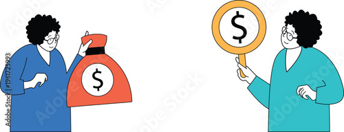 Two professionals discussing financial matters with money symbols and magnifying glass