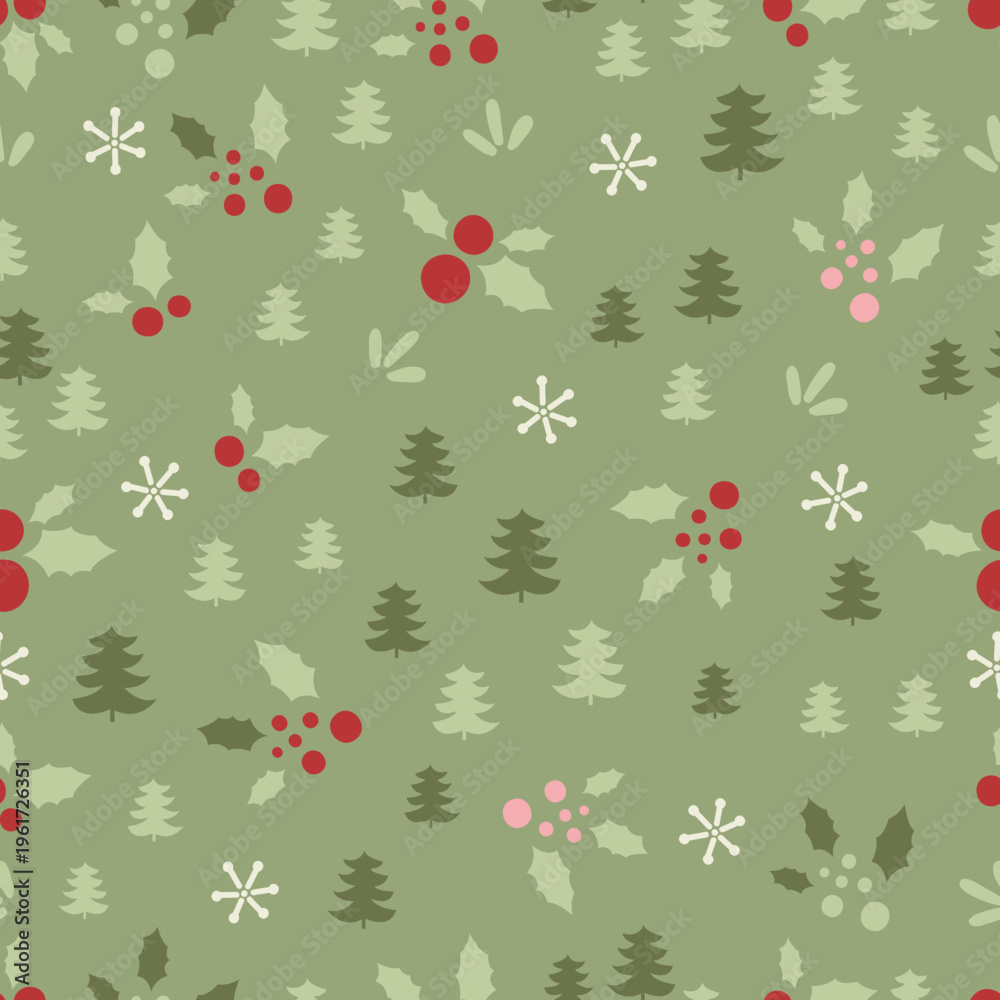 Fototapeta premium Winter Seamless Pattern with Pine Trees Snowflakes and Stars Holiday Background Design