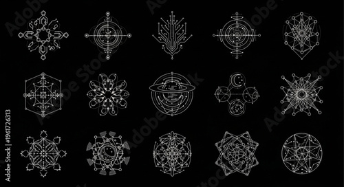 Collection of Intricate White Snowflake Designs on Black Background.