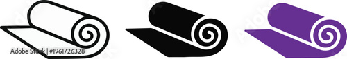 three rolled mat icon set in outline black and purple flat design for yoga carpet fabric towel and scroll concepts isolated background.