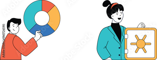 Two individuals discussing financial planning and secure investment strategies with visual aids