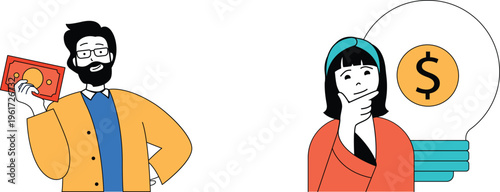 A man showing money while a woman contemplates financial ideas with a lightbulb symbolizing innovation and wealth planning