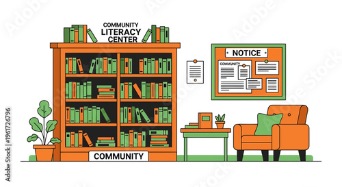 Community literacy center with bookshelf chair and notice board interior