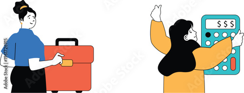 Two individuals representing financial services and support with tools of their trade cheerfully