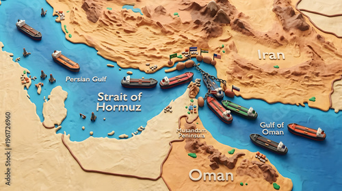 Strait of Hormuz Closed Scenario Map Claymation Style, Oil Transport Ships, Persian Gulf Trade Route