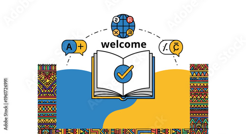 Refugee literacy program welcome illustration with open book and globe symbolizing education and inclusion