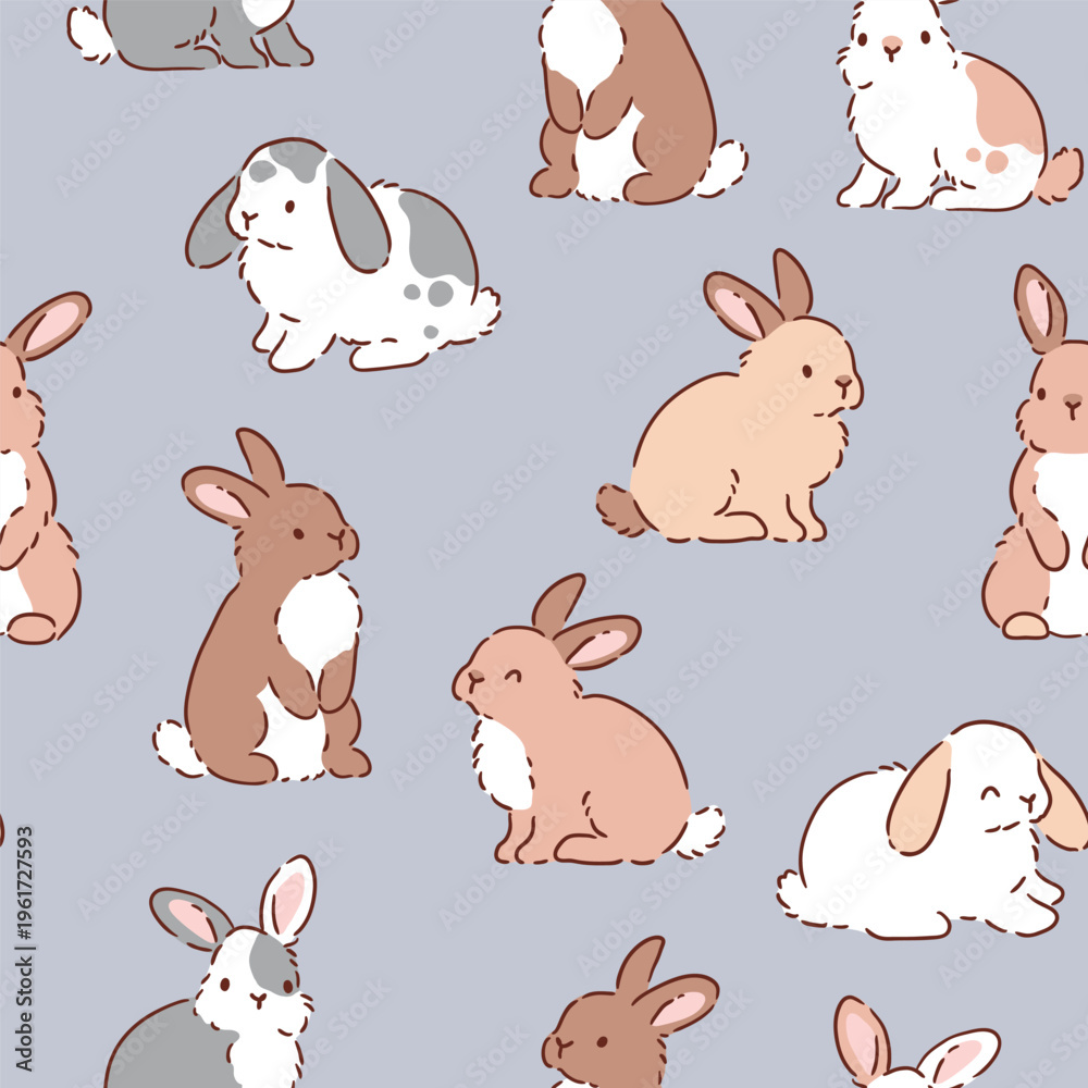 Obraz premium Cute tiny rabbits on isolated background. Seamless vector pattern. Hand drawn Easter bunny pattern. 