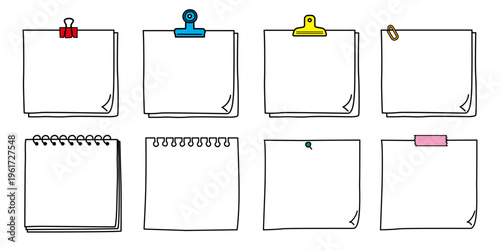 Sticky notes doodles, notebook outline icons. Hand drawn paper scraps and push pins for office reminder, school planner, task list. Simple sketch vector set of torn memo label vector isolated mockups