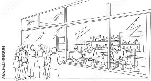 people in a shopping mall, line drawing