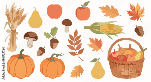 Watercolor autumn harvest clipart set with pumpkins fruits leaves and rustic elements isolated on white background