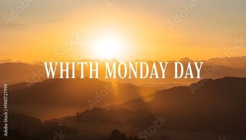 A serene mountain landscape at sunrise with a bright sky