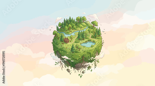 Enchanting Floating Island A Miniature Green Paradise with Lush Forests, Winding River, and Calm Ponds, Drifting Amidst Soft Clouds and Blue Skies, a serene nature landscape